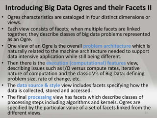 Introducing Big Data Ogres and their Facets II
• Ogres characteristics are cataloged in four distinct dimensions or
views....