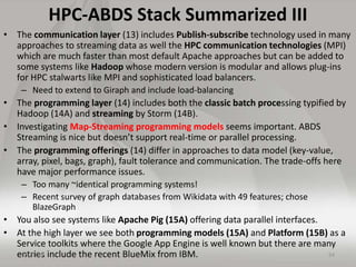 HPC-ABDS Stack Summarized III
• The communication layer (13) includes Publish-subscribe technology used in many
approaches...