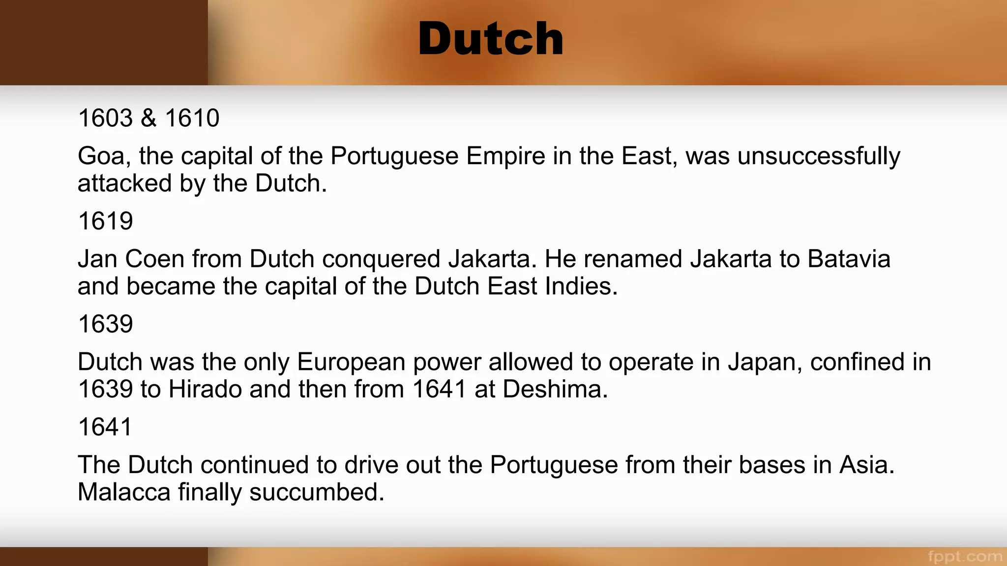 Spanish Philippines
In the year...
1520
Spanish under Ferdinand Magellan reach the Philippines and East Indonesia –
circumnavigation of the globe
March 1521
The Portuguese navigator and explorer Ferdinand Magellan headed the first Spanish
foray to the Philippines when he made landfall on Cebu.
1565
After King Philip II had dispatched three further expeditions that ended in disaster, he
sent out Miguel Lopez de Legazpi, who established the first permanent Spanish
settlement.
1570
Spanish capture of Manila – they decide to stay in the Philippines
 