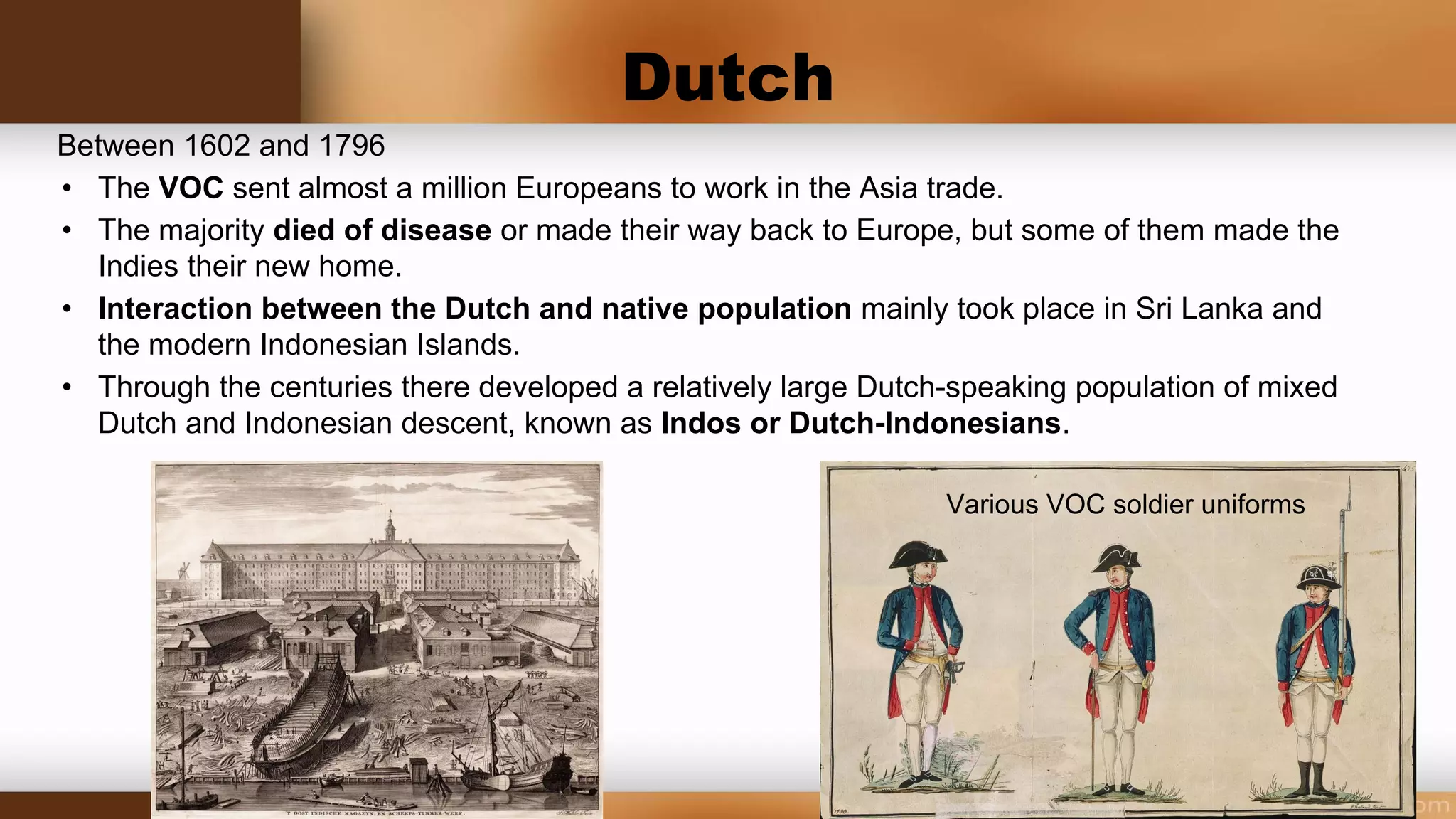 1642
The Dutch took northern Formosa from the Spanish by force.
1646
The Dutch tried to take the Spanish colony in the Philippines. The Dutch had a large force at their
disposal but when they tried to take Manila, they were defeated at the Battles of La Naval de
Manila. After this defeat, the Dutch abandoned their efforts to take Manila and the Philippines.
 
