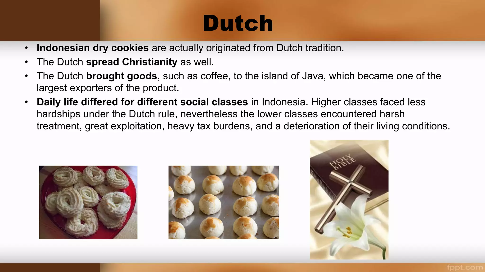 • Portuguese encouraged the cultivation of coconut commercially. They
introduced the use of coconut fibre in making sturdy coir ropes and made coir and
copra articles of world trade. They brought a new strain of coconuts from Africa
which produced bigger and 10 better fruits. It is these Portuguese coconuts that are
planted in abundance along the Kerala coast now.
• Christian art of Kerala is highly inspired from the Portuguese culture. The
Chavittunaatakam, the Christian counterpart of the Hindu Kathakali, originated and
grew into a popular form of entertainment under the patronage of the Portuguese
missionaries. 12 The Cochin Carnival, which is celebrated in Cochin during the
Christmas and New Year is also a tradition started by the Portuguese.
• The food are also influenced by Portuguese. The Goan cuisine is a combination of
Portuguese dishes and Indian aromatic spices.
 