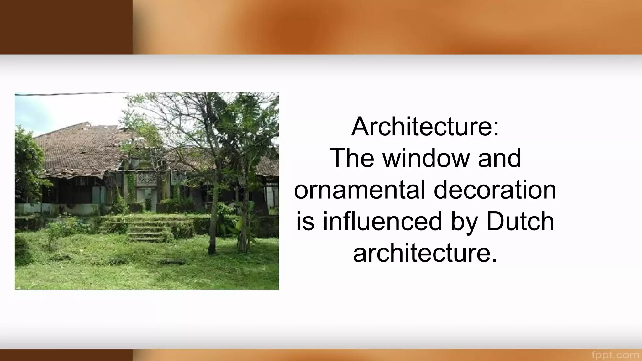 Architecture
• Indian palaces used to be wooden buildings, often very small as the Kings then
used to stay only for smaller periods. In 1555, the Portuguese constructed a stone
palace with a tiled roof in Mattancherry as a gift to the raja of Cochin which
possesses one of the finest groups of mural paintings of Kerala.
• The Portuguese introduced ornamental architecture and the buildings of the
bungalow type. One feature of churches in Kerala that appear distinctly
Portuguese is the retable, erected as the screen behinds the altar.
• This highly decorated, mostly wooden, gilded backdrop of the altar is the
decorative focus of the church interior.
• The top portions of the relatables are curved, similar to the facades outside. The
whole composition is decorated with creepers and foliage supported by cherubs
and soldier figures.
 