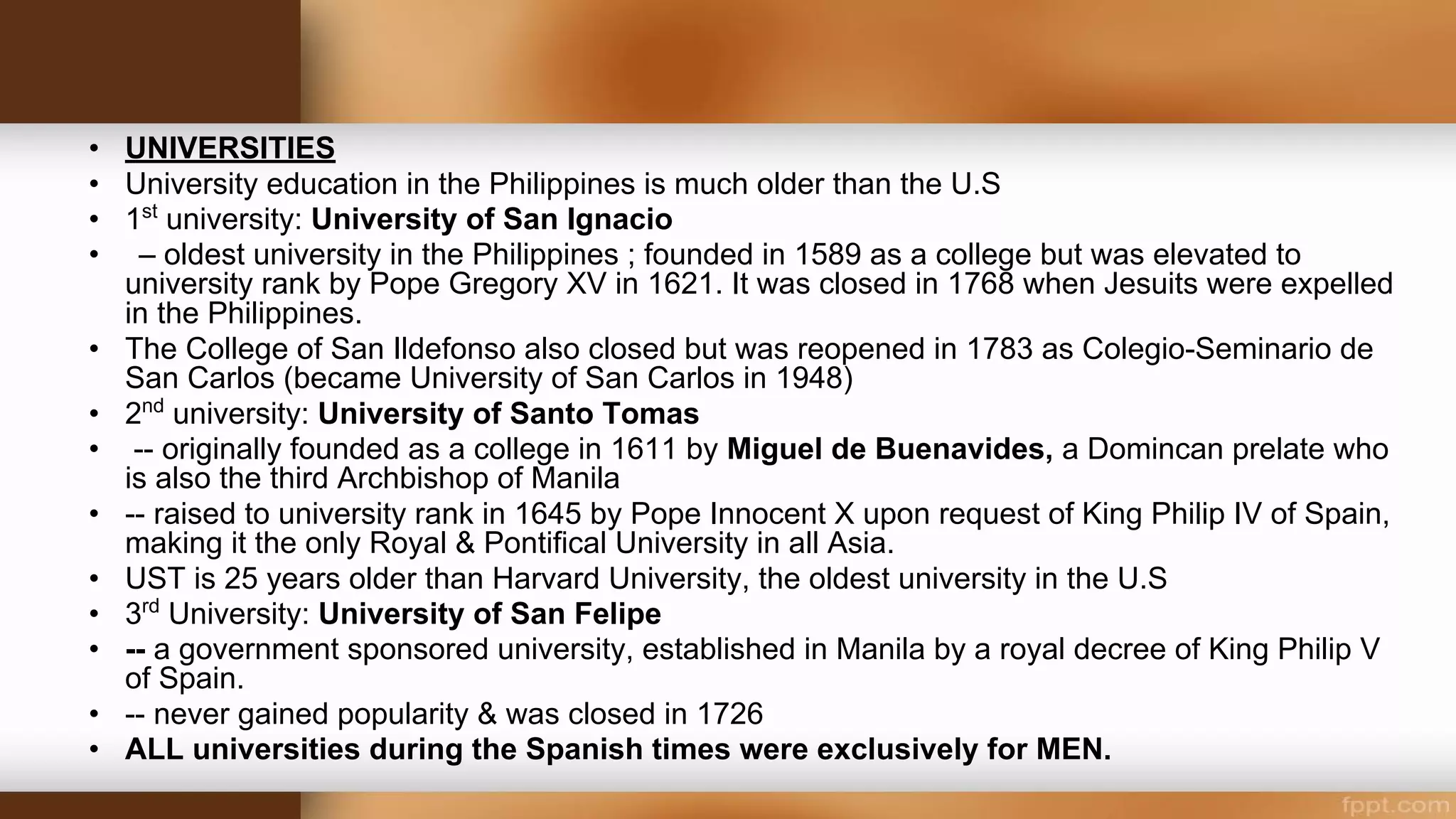 • Dress
• For MEN:
• Western coat [called americana for it was introduced from America
(Mexico)], & trousers replaced jacket & bahag
• Began to wear hats instead of putong
• Used slippers and shoes for footwear
• For WOMEN:
• replaced the sarong & used the saya (skirt) as lower apparel; used the
camisa with long & wide sleeves in place of the old short-sleeved jacket
• Wore jewelry (gold earrings, rings, pendants, necklaces, bracelets) but not
armlets and leglets
• Used slippers, stockings, hair combs, mantillas & panuelos like Spanish
women
• By the middle of 17th century, the dress of Filipinos had become “almost
Spanish”, according to Father Colin.
 