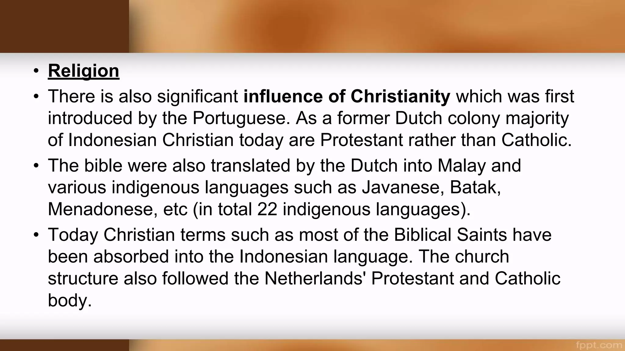 • Preservation of Philippine languages
• Spanish friars studied & used our native language in spreading Christianity
instead of the Spanish language
• Spanish missionaries were the first to write grammars & dictionaries for
Filipino languages
• 1610 – 1st tagalog grammar was published, entitled Arte y reglas de la
lengua tagala, written by Fr. Francisco Blancas de San Jose, a Spanish
Dominican missionary, who was known as the “Demosthenes of the
Tagalog Language”, because of his mastery in Tagalog
 