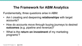 @jonmillerCopyright ©2018 Engagio, Inc.
The Framework for ABM Analytics
Fundamentally, three questions arise in ABM:
• Am I creating and deepening relationships with target
accounts?
• How do accounts move through buying journeys to desired
outcomes (e.g. pipeline and revenue)?
• What is the return on investment of my marketing
programs’?
19
 