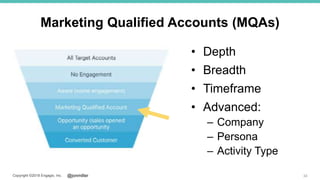 @jonmillerCopyright ©2018 Engagio, Inc.
Marketing Qualified Accounts (MQAs)
• Depth
• Breadth
• Timeframe
• Advanced:
– Company
– Persona
– Activity Type
34
 