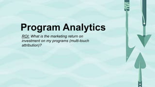 @jonmillerCopyright ©2018 Engagio, Inc.
Program Analytics
ROI: What is the marketing return on
investment on my programs (multi-touch
attribution)?
 