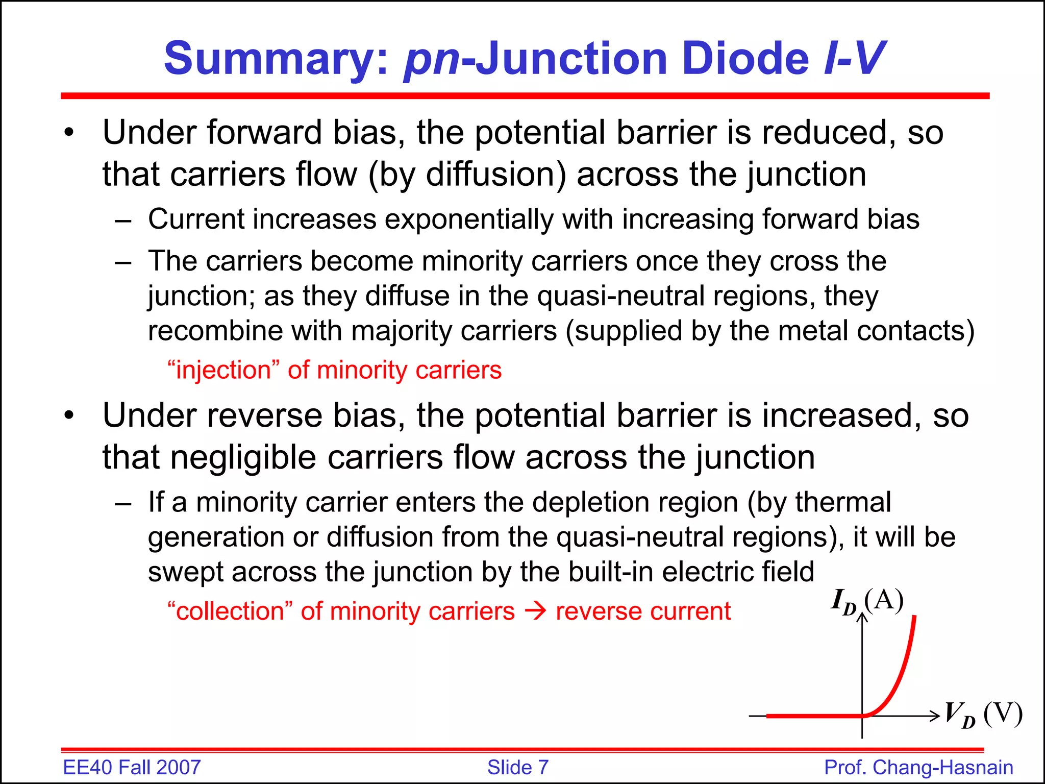 Slide 7
EE40 Fall 2007 Prof. Chang-Hasnain
Summary: pn-Junction Diode I-V
• Under forward bias, the potential barrier is reduced, so
that carriers flow (by diffusion) across the junction
– Current increases exponentially with increasing forward bias
– The carriers become minority carriers once they cross the
junction; as they diffuse in the quasi-neutral regions, they
recombine with majority carriers (supplied by the metal contacts)
“injection” of minority carriers
• Under reverse bias, the potential barrier is increased, so
that negligible carriers flow across the junction
– If a minority carrier enters the depletion region (by thermal
generation or diffusion from the quasi-neutral regions), it will be
swept across the junction by the built-in electric field
“collection” of minority carriers  reverse current ID (A)
VD (V)
 