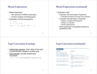 25
Mixed Expressions
• Mixed expression:
− Has operands of different data types
− Contains integers and floating-point
• Examples of mixed expressions:
2 + 3.5
6 / 4 + 3.9
5.4 * 2 – 13.6 + 18 / 2
26
Mixed Expressions (continued)
• Evaluation rules:
− If operator has same types of operands
• Evaluated according to the type of the operands
− If operator has both types of operands
• Integer is changed to floating-point
• Operator is evaluated
• Result is floating-point
− Entire expression is evaluated according to
precedence rules
27
Type Conversion (Casting)
• Implicit type coercion: when value of one type
is automatically changed to another type
• Cast operator: provides explicit type
conversion
static_cast<dataTypeName>(expression)
28
Type Conversion (continued)
 