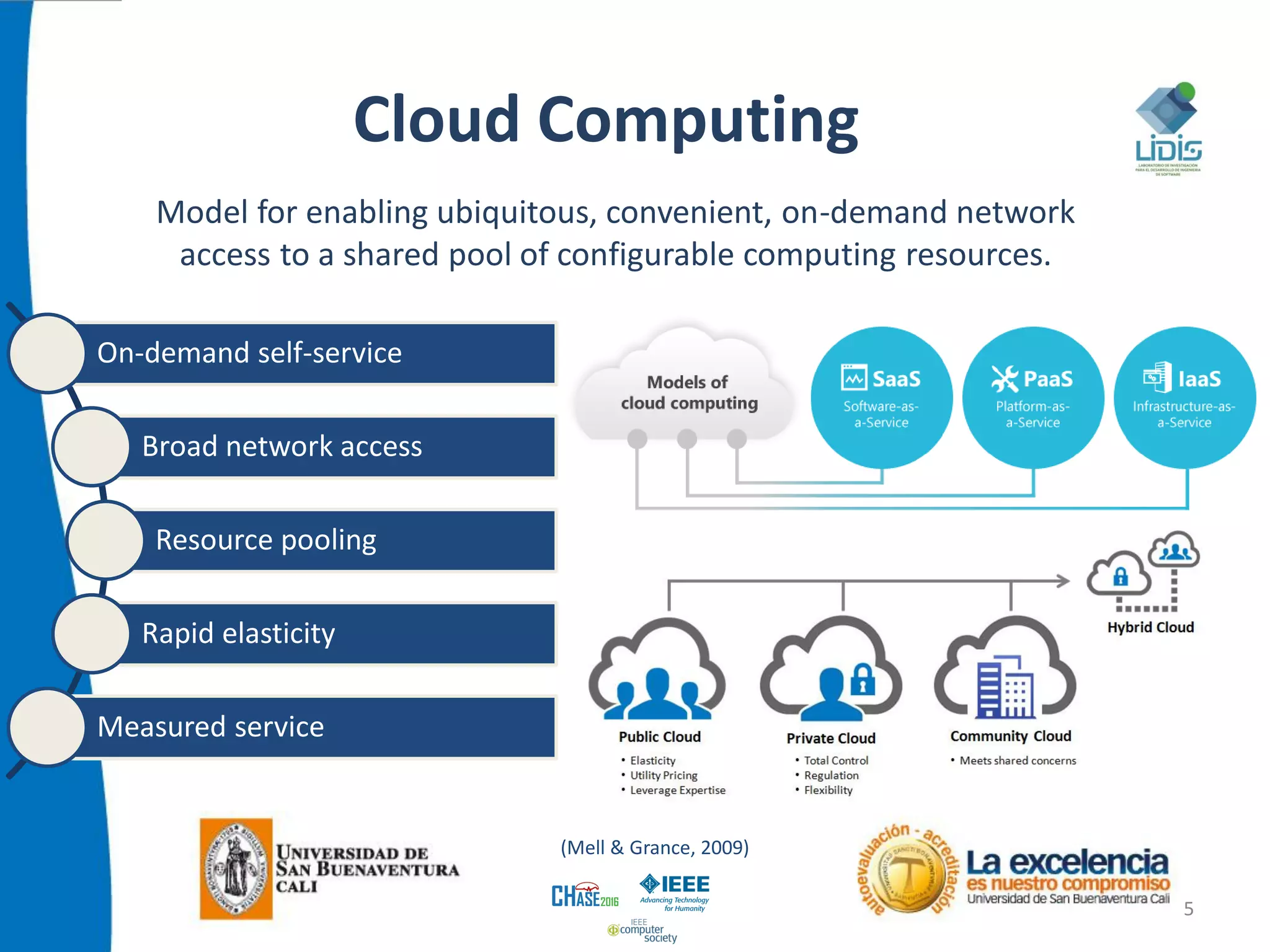 Cloud Computing
5
Model for enabling ubiquitous, convenient, on-demand network
access to a shared pool of configurable computing resources.
On-demand self-service
Broad network access
Resource pooling
Rapid elasticity
Measured service
(Mell & Grance, 2009)
 
