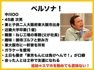 中川OO
・45歳 次男
・妻と子供二人大阪府東大阪市出身
・近畿大学卒業(1留)
・職業：ねじ工場の専務(父が社長)
・趣味：接待ゴルフと飲み方
・東大阪市に一軒家を所有
・ガラケーを愛用
・土日も働き「東京もんには負けへんで！」が口癖
・会った人とは２秒で友達になれる
ペルソナ！
追加⇒スマホを勧めても意味ない！
 