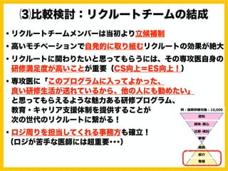 ⑶比較検討：リクルートチームの結成
・リクルートチームメンバーは当初より立候補制
・高いモチベーションで自発的に取り組むリクルートの効果が絶大
・リクルートに関わりたいと思ってもらうには、その専攻医自身の
研修満足度が高いことが重要（CS向上＝ES向上！）
・専攻医に「このプログラムに入ってよかった、
良い研修生活が送れているから、他の人にも勧めたい」
と思ってもらえるような魅力ある研修プログラム、
教育・キャリア支援体制を提供することが
次の世代のリクルートに繋がる！
・ロジ周りを担当してくれる事務方も確立！
（ロジが苦手な医師には超重要･･･）
 
