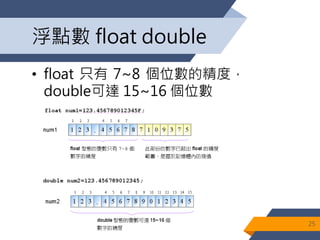 浮點數 float double
• float 只有 7~8 個位數的精度，
double可達 15~16 個位數
25
 