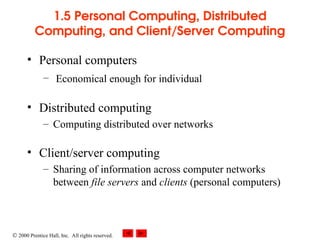  2000 Prentice Hall, Inc. All rights reserved.
1.5 Personal Computing, Distributed
Computing, and Client/Server Computing
• Personal computers
– Economical enough for individual
• Distributed computing
– Computing distributed over networks
• Client/server computing
– Sharing of information across computer networks
between file servers and clients (personal computers)
 
