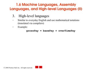  2000 Prentice Hall, Inc. All rights reserved.
1.6 Machine Languages, Assembly
Languages, and High-level Languages (II)
3. High-level languages
– Similar to everyday English and use mathematical notations
(translated via compilers)
– Example:
grossPay = basePay + overTimePay
 