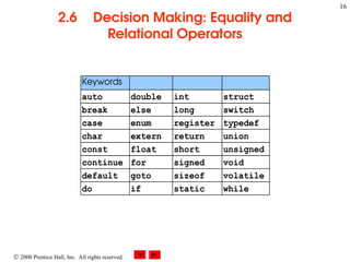 16
 2000 Prentice Hall, Inc. All rights reserved.
2.6 Decision Making: Equality and
Relational Operators
Keywords
auto double int struct
break else long switch
case enum register typedef
char extern return union
const float short unsigned
continue for signed void
default goto sizeof volatile
do if static while
 