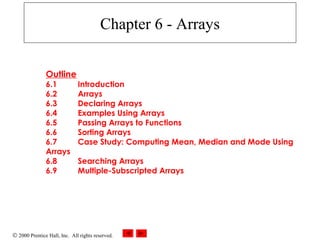 © 2000 Prentice Hall, Inc. All rights reserved.
Chapter 6 - Arrays
Outline
6.1 Introduction
6.2 Arrays
6.3 Declaring Arrays
6.4 Examples Using Arrays
6.5 Passing Arrays to Functions
6.6 Sorting Arrays
6.7 Case Study: Computing Mean, Median and Mode Using
Arrays
6.8 Searching Arrays
6.9 Multiple-Subscripted Arrays
 