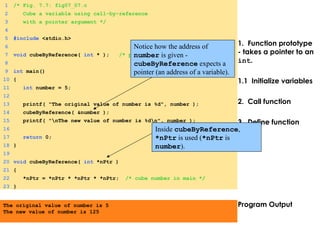 1. Function prototype
- takes a pointer to an
int.
1.1 Initialize variables
2. Call function
3. Define function
Program Output
1 /* Fig. 7.7: fig07_07.c
2 Cube a variable using call-by-reference
3 with a pointer argument */
4
5 #include <stdio.h>
6
7 void cubeByReference( int * ); /* prototype */
8
9 int main()
10 {
11 int number = 5;
12
13 printf( "The original value of number is %d", number );
14 cubeByReference( &number );
15 printf( "nThe new value of number is %dn", number );
16
17 return 0;
18 }
19
20 void cubeByReference( int *nPtr )
21 {
22 *nPtr = *nPtr * *nPtr * *nPtr; /* cube number in main */
23 }
The original value of number is 5
The new value of number is 125
Notice how the address of
number is given -
cubeByReference expects a
pointer (an address of a variable).
Inside cubeByReference,
*nPtr is used (*nPtr is
number).
 