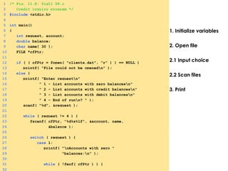 1. Initialize variables
2. Open file
2.1 Input choice
2.2 Scan files
3. Print
1 /* Fig. 11.8: fig11_08.c
2 Credit inquiry program */
3 #include <stdio.h>
4
5 int main()
6 {
7 int request, account;
8 double balance;
9 char name[ 30 ];
10 FILE *cfPtr;
11
12 if ( ( cfPtr = fopen( "clients.dat", "r" ) ) == NULL )
13 printf( "File could not be openedn" );
14 else {
15 printf( "Enter requestn"
16 " 1 - List accounts with zero balancesn"
17 " 2 - List accounts with credit balancesn"
18 " 3 - List accounts with debit balancesn"
19 " 4 - End of runn? " );
20 scanf( "%d", &request );
21
22 while ( request != 4 ) {
23 fscanf( cfPtr, "%d%s%lf", &account, name,
24 &balance );
25
26 switch ( request ) {
27 case 1:
28 printf( "nAccounts with zero "
29 "balances:n" );
30
31 while ( !feof( cfPtr ) ) {
32
 