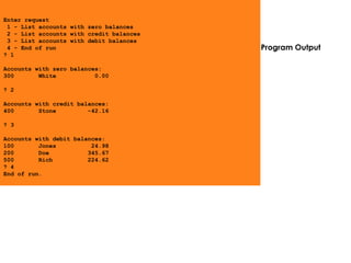 Program Output
Enter request
1 - List accounts with zero balances
2 - List accounts with credit balances
3 - List accounts with debit balances
4 - End of run
? 1
Accounts with zero balances:
300 White 0.00
? 2
Accounts with credit balances:
400 Stone -42.16
? 3
Accounts with debit balances:
100 Jones 24.98
200 Doe 345.67
500 Rich 224.62
? 4
End of run.
 