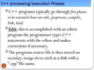 C++ processing/execution Phases
C++ programs typically go through five phases
to be executed these are edit, preprocess, compile,
link, load:
Edit: this is accomplished with an editor
program the programmer types C++
statements with the editor and makes
corrections if necessary.
The programs source file is then stored on
secondary storage device such as a disk with a
“.cpp” file name.
26
 