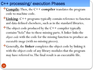 C++ processing/ execution Phases
Compile:Then, the C++ compiler translates the program
code to machine code.
Linking: C++ programs typically contain reference to function
and data defined elsewhere, such as in the standard libraries.
The object code produced by the C++ compiler typically
contains “holes” due to these missing parts.A linker links the
object code with the code for the missing function to produce an
executable image (with no missing pieces).
Generally, the linker completes the object code by linking it
with the object code of any library modules that the program
may have referred to.The final result is an executable file.
28
 