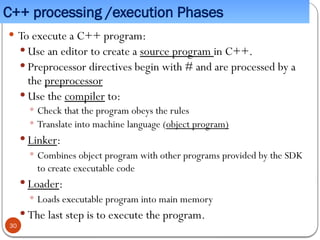 C++ processing /execution Phases
 To execute a C++ program:
 Use an editor to create a source program in C++.
 Preprocessor directives begin with # and are processed by a
the preprocessor
 Use the compiler to:
 Check that the program obeys the rules
 Translate into machine language (object program)
 Linker:
 Combines object program with other programs provided by the SDK
to create executable code
 Loader:
 Loads executable program into main memory
 The last step is to execute the program.
30
 