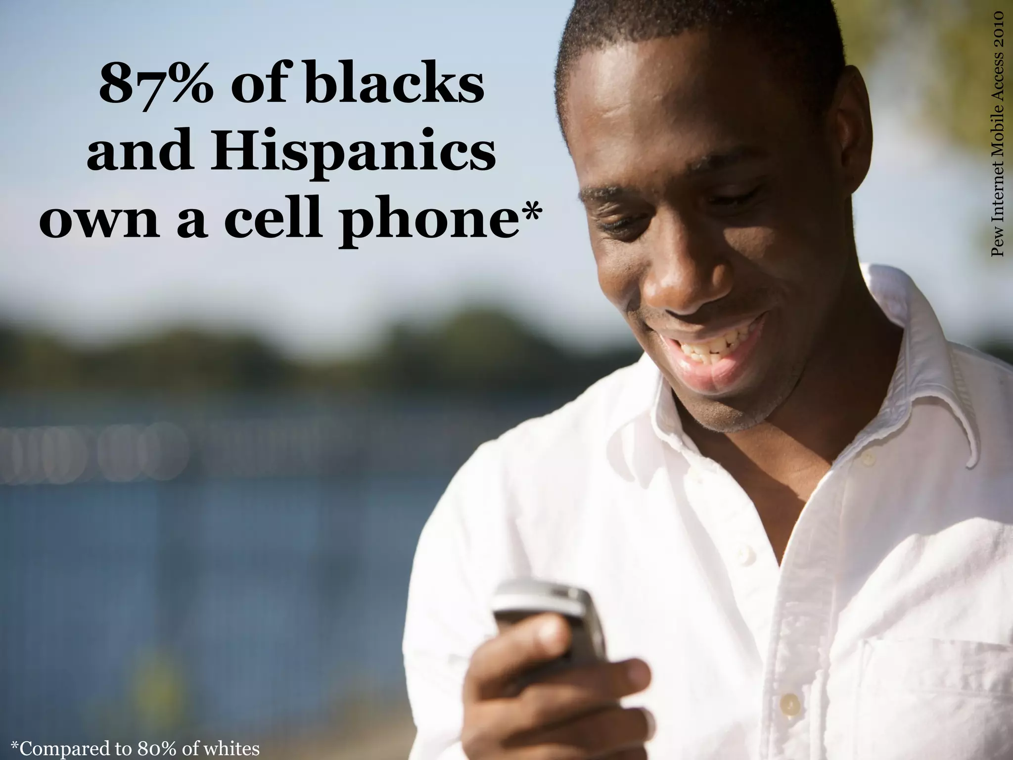 Pew Internet Mobile Access 2010
   87% of blacks
   and Hispanics
  own a cell phone*




*Compared to 80% of whites
 