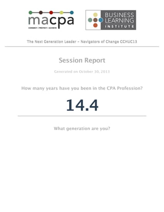 The Next Generation Leader - Navigators of Change CCHUC13

Session Report
Generated on October 30, 2013

How many years have you been in the CPA Profession?

14.4
What generation are you?

 