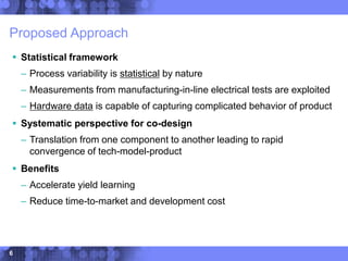 6
Proposed Approach
 Statistical framework
– Process variability is statistical by nature
– Measurements from manufacturing-in-line electrical tests are exploited
– Hardware data is capable of capturing complicated behavior of product
 Systematic perspective for co-design
– Translation from one component to another leading to rapid
convergence of tech-model-product
 Benefits
– Accelerate yield learning
– Reduce time-to-market and development cost
 