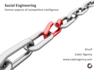 Social Engineering
Human aspects of competitive intelligence




                                                     Marin Ivezic
                                                   Cyber Agency
                                            www.cyberagency.com
 
