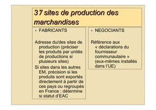 3°/ sites de production des
marchandises
  FABRICANTS                 NEGOCIANTS

Adresse du/des sites de     Référence aux
  production (préciser       « déclarations du
  les produits par unités    fournisseur
  de productions si          communautaire »
  plusieurs sites)           (eux-mêmes installés
Si sites dans les autres     dans l’UE)
  EM, précision si les
  produits sont exportés
  directement à partir de
  ces pays ou regroupés
  en France : détermine
  si statut d’EAC
 