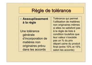 Règle de tolérance
 Assouplissement      Tolérance qui permet
 à la règle           l’utilisation de matières
                      non originaires mêmes
                      si elles ne satisfont pas
Une tolérance         à la règle de liste à
 générale             condition toutefois que
 d’incorporation de   leur valeur n’excède
                      pas un % du prix
 matières non         départ usine du produit
 originaires prévu    final (entre 10% et 15%
 dans les accords     selon les accords)
 