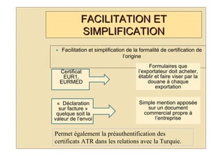 FACILITATION ET
           SIMPLIFICATION
   Facilitation et simplification de la formalité de certification de
                                l’origine
                                            Formulaires que
  Certificat                           l’exportateur doit acheter,
   EUR1,                               établir et faire viser par la
  EURMED                                   douane à chaque
                                               exportation


 « Déclaration                         Simple mention apposée
  sur facture »                            sur un document
 quelque soit la                         commercial propre à
valeur de l’envoi                             l’entreprise


Permet également la préauthentification des
certificats ATR dans les relations avec la Turquie.
 