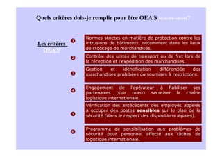Quels critères dois-je remplir pour être OEA S sécurité-sûreté?


                    Normes strictes en matière de protection contre les
Les critères        intrusions de bâtiments, notamment dans les lieux
  OEA S             de stockage de marchandises.
                    Contrôle des unités de transport ou de fret lors de
                    la réception et l'expédition des marchandises.
                    Gestion   et   identification différenciée     des
                    marchandises prohibées ou soumises à restrictions.


                    Engagement de l'opérateur à fiabiliser ses
                    partenaires pour mieux sécuriser la chaîne
                    logistique internationale.
                    Vérification des antécédents des employés appelés
                    à occuper des postes sensibles sur le plan de la
                    sécurité (dans le respect des dispositions légales).


                    Programme de sensibilisation aux problèmes de
                    sécurité pour personnel affecté aux tâches de
                    logistique internationale.
 