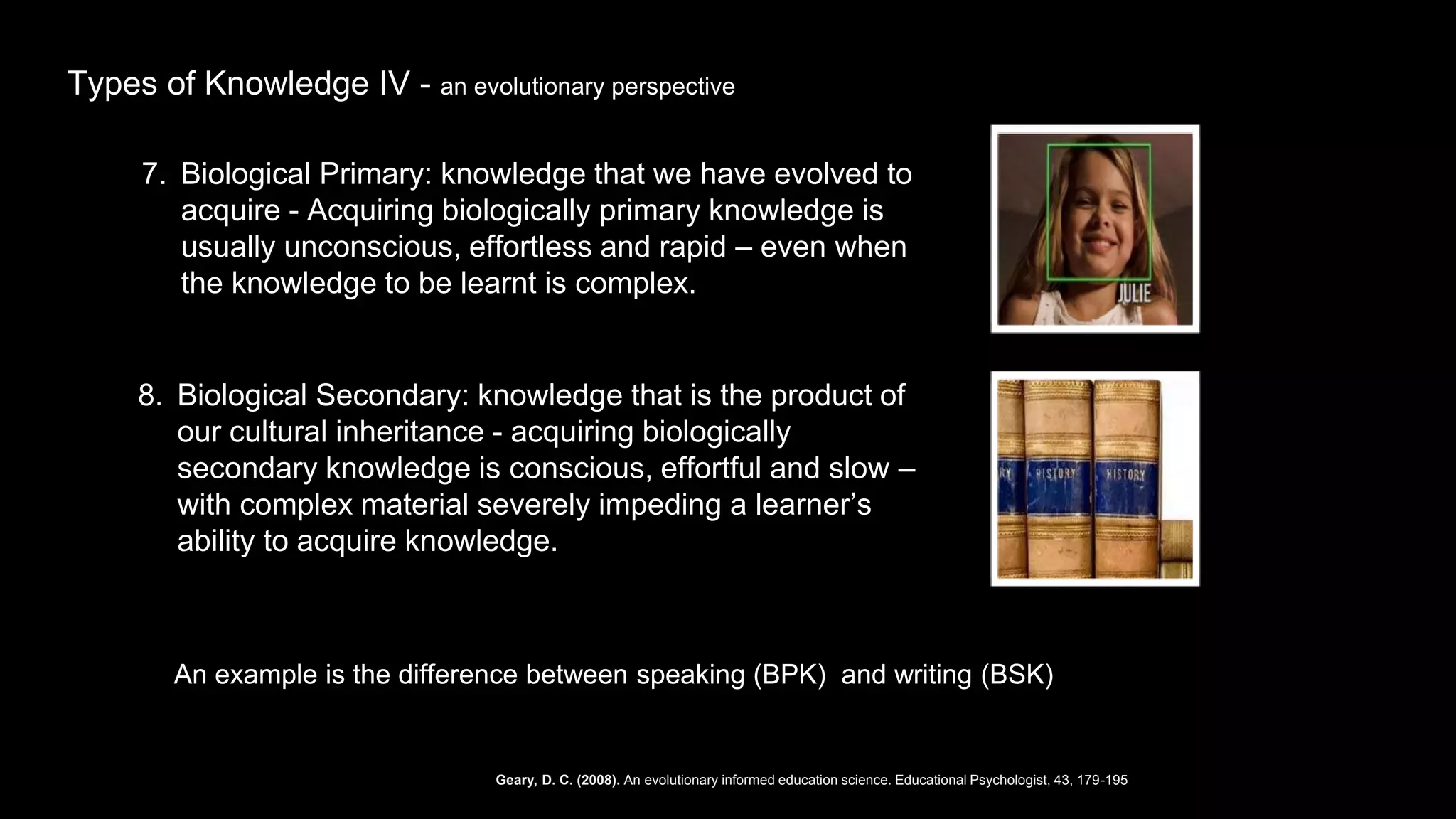 Types of Knowledge IV - an evolutionary perspective
An example is the difference between speaking (BPK) and writing (BSK)
Geary, D. C. (2008). An evolutionary informed education science. Educational Psychologist, 43, 179-195
7. Biological Primary: knowledge that we have evolved to
acquire - Acquiring biologically primary knowledge is
usually unconscious, effortless and rapid – even when
the knowledge to be learnt is complex.
8. Biological Secondary: knowledge that is the product of
our cultural inheritance - acquiring biologically
secondary knowledge is conscious, effortful and slow –
with complex material severely impeding a learner’s
ability to acquire knowledge.
 