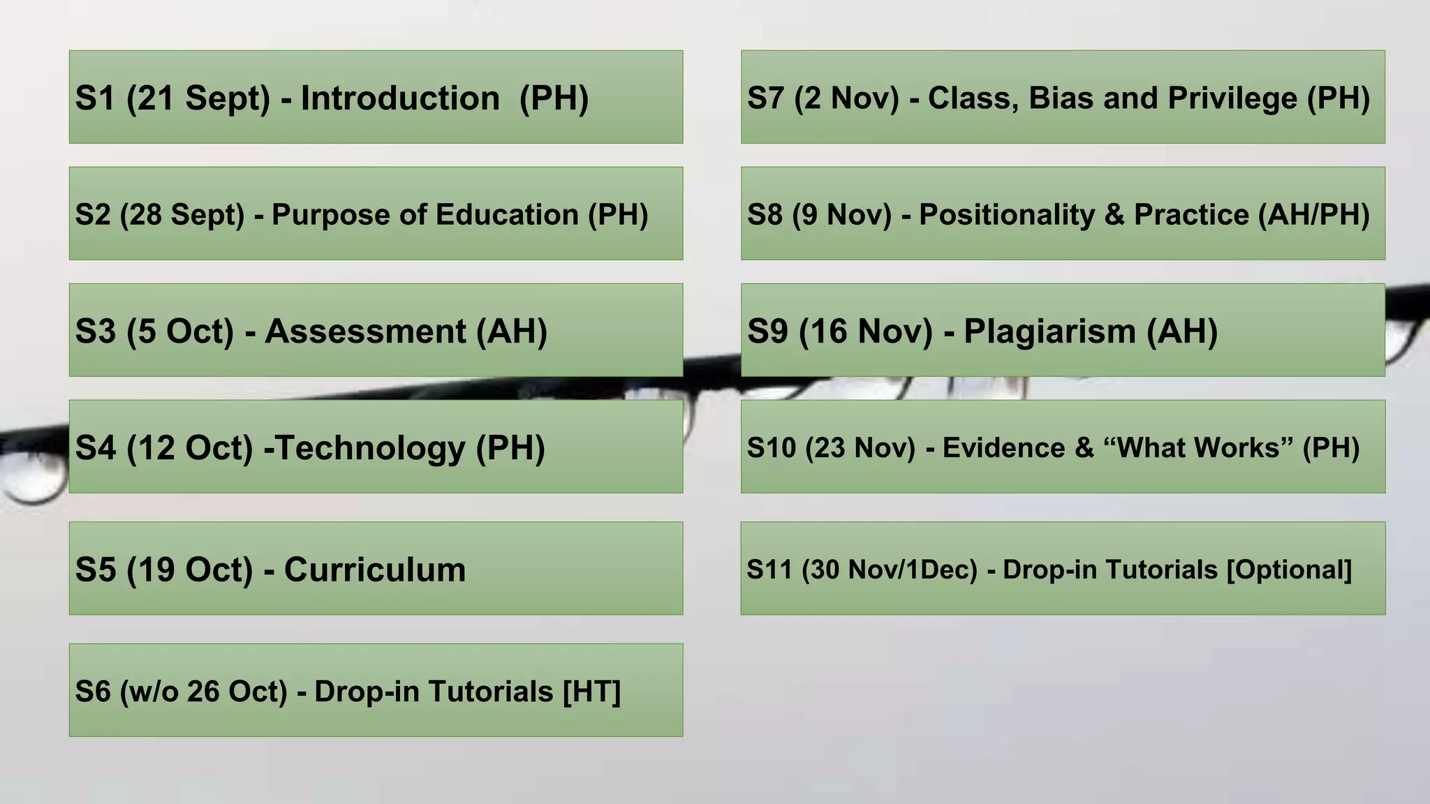 S1 (21 Sept) - Introduction (PH)
S2 (28 Sept) - Purpose of Education (PH)
S3 (5 Oct) - Assessment (AH)
S4 (12 Oct) -Technology (PH)
S5 (19 Oct) - Curriculum
S6 (w/o 26 Oct) - Drop-in Tutorials [HT]
S7 (2 Nov) - Class, Bias and Privilege (PH)
S8 (9 Nov) - Positionality & Practice (AH/PH)
S9 (16 Nov) - Plagiarism (AH)
S10 (23 Nov) - Evidence & “What Works” (PH)
S11 (30 Nov/1Dec) - Drop-in Tutorials [Optional]
 