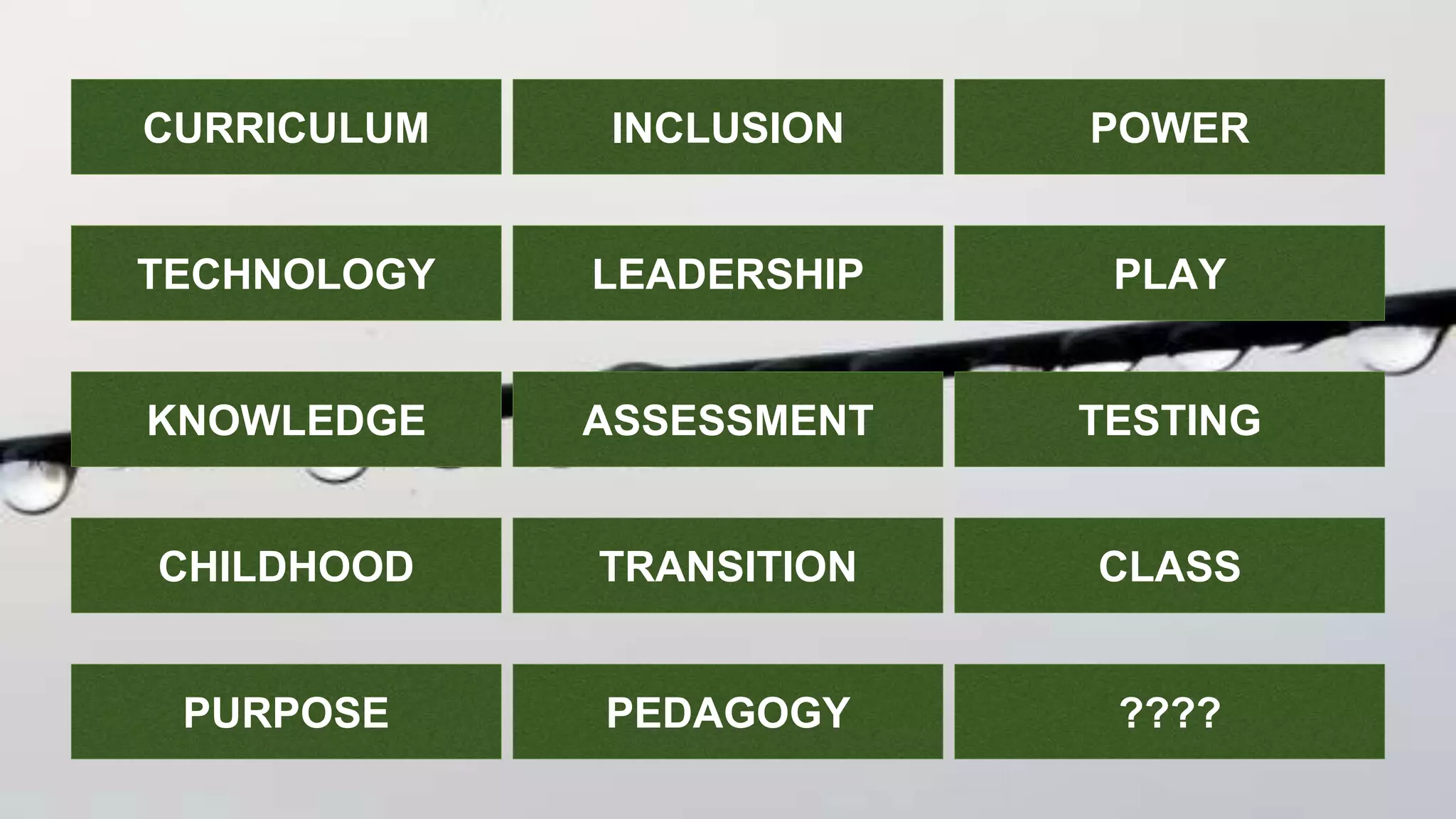 CURRICULUM INCLUSION POWER
TECHNOLOGY LEADERSHIP PLAY
KNOWLEDGE ASSESSMENT TESTING
CHILDHOOD TRANSITION CLASS
PURPOSE PEDAGOGY ????
 