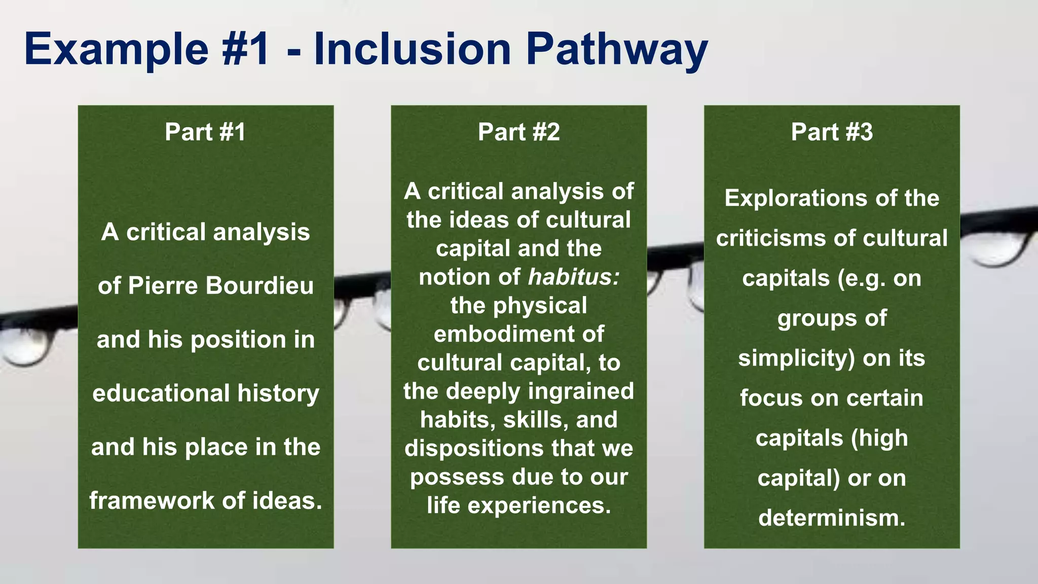 Example #1 - Inclusion Pathway
Part #3
Explorations of the
criticisms of cultural
capitals (e.g. on
groups of
simplicity) on its
focus on certain
capitals (high
capital) or on
determinism.
Part #2
A critical analysis of
the ideas of cultural
capital and the
notion of habitus:
the physical
embodiment of
cultural capital, to
the deeply ingrained
habits, skills, and
dispositions that we
possess due to our
life experiences.
Part #1
A critical analysis
of Pierre Bourdieu
and his position in
educational history
and his place in the
framework of ideas.
 