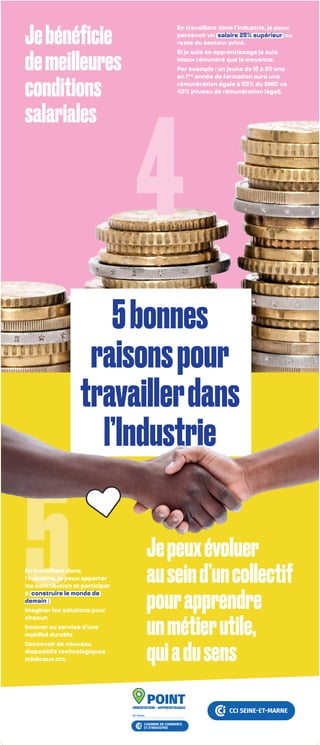 4
5
5bonnes
raisonspour
travaillerdans
l’Industrie
Jebénéficie
demeilleures
conditions
salariales
Jepeuxévoluer
auseind’uncollectif
pourapprendre
unmétierutile,
quiadusens
En travaillant dans l’industrie, je peux
percevoir un salaire 25% supérieur au
reste du secteur privé.
Si je suis en apprentissage je suis
mieux rémunéré que la moyenne.
Par exemple : un jeune de 18 à 20 ans
en 1ère
année de formation aura une
rémunération égale à 55% du SMIC vs
43% (niveau de rémunération légal).
En travaillant dans
l’industrie, je peux apporter
ma contribution et participer
à construire le monde de
demain :
Imaginer les solutions pour
chacun
Innover au service d’une
mobilité durable
Concevoir de nouveau
dispositifs technologiques
médicaux etc.
 