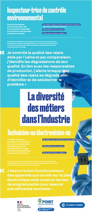 Ladiversité
desmétiers
dansl’Industrie
Inspecteur-tricedecontrôle
environnemental
Je contrôle la qualité des rejets
émis par l’usine et par comparaison,
j’identifie les dégradations de leur
qualité. En lien avec les responsables
de production, j’alerte lorsque la
qualité des rejets se dégrade afin
d’identifier et de solutionner le
problème »
J’assure le bon fonctionnement
des appareils que ce soit sur le plan
électronique mais aussi en termes
de programmation pour assurer
une efficacité maximale »
«
«
Technicien-neélectronicien-ne
Prévenir les risques
environnementaux liés
à la production industrielle
et contribuer à les minimiser
en limitant les rejets.
Je vérifie les installations et leur impact sur l’environnement en garantissant
le respect des normes et des réglementations. Je m’assure que les rejets dans
l’air et l’eau soient filtrés pour éviter les pollutions et que les déchets soient
correctement pris en charge.
Je maintiens le bon état des appareils, assure leur bon fonctionnement pour
une efficacité maximale en termes de consommation énergétique et de déchets
produits lorsque l’appareil coupe, taille, assemble…
Contrôler, réparer et
contribuer à la fabrication
de nouveaux équipements
dans les secteurs de
l’automobile, de l’énergie,
des télécommunications ou
encore de l’aéronautique.
Responsable d’équipe ou ingénieur
1800 à 5 000 euros brut mensuel
Bac+2 (bts, but) dans le domaine d’activité de l’entreprise
(alimentaire, automobile, mecanique)
Responsable d’équipe ou ingénieur
1650 à 2750 euros brut mensuel
Bac+2 (bts, but) en système électronique ou génie informatique
 