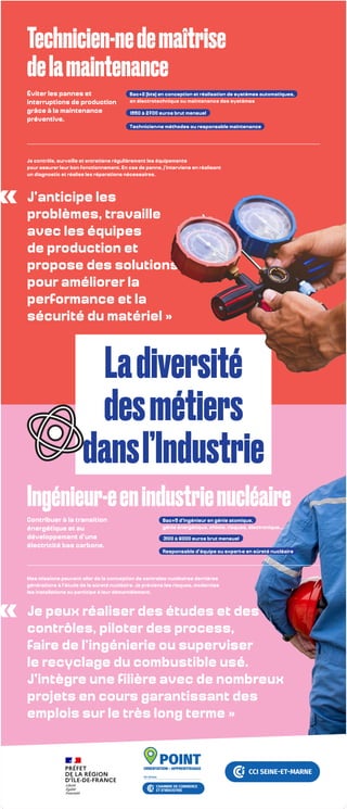 Ladiversité
desmétiers
dansl’Industrie
Technicien-nedemaîtrise
delamaintenance
J’anticipe les
problèmes, travaille
avec les équipes
de production et
propose des solutions
pour améliorer la
performance et la
sécurité du matériel »
Je peux réaliser des études et des
contrôles, piloter des process,
faire de l’ingénierie ou superviser
le recyclage du combustible usé.
J’intègre une filière avec de nombreux
projets en cours garantissant des
emplois sur le très long terme »
«
«
Ingénieur-eenindustrienucléaire
Je contrôle, surveille et entretiens régulièrement les équipements
pour assurer leur bon fonctionnement. En cas de panne, j’interviens en réalisant
un diagnostic et réalise les réparations nécessaires.
Mes missions peuvent aller de la conception de centrales nucléaires dernières
générations à l’étude de la sûreté nucléaire. Je préviens les risques, modernise
les installations ou participe à leur démantèlement.
Éviter les pannes et
interruptions de production
grâce à la maintenance
préventive.
Technicien-ne méthodes ou responsable maintenance
1950 à 2700 euros brut mensuel
Bac+2 (bts) en conception et réalisation de systèmes automatiques,
en électrotechnique ou maintenance des systèmes
Contribuer à la transition
énergétique et au
développement d’une
électricité bas carbone.
Responsable d’équipe ou expert-e en sûreté nucléaire
3100 à 6000 euros brut mensuel
Bac+5 d’ingénieur en génie atomique,
génie énergétique, chimie, risques, électronique,…
 