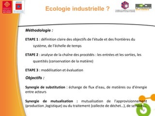 Ecologie industrielle ? Méthodologie : ETAPE 1  : définition claire des objectifs de l’étude et des frontières du système, de l’échelle de temps ETAPE 2  : analyse de la chaîne des procédés : les entrées et les sorties, les quantités (conservation de la matière) ETAPE 3  : modélisation et évaluation Objectifs : Synergie de substitution  : échange de flux d’eau, de matières ou d’énergie entre acteurs Synergie de mutualisation :  mutualisation de l’approvisionnement (production ,logistique) ou du traitement (collecte de déchet…), de services… 