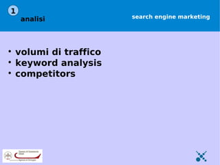 1
     analisi             search engine marketing





    volumi di traffico

    keyword analysis

    competitors
 