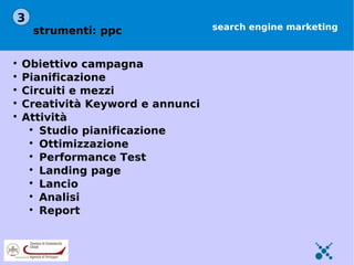 3
     strumenti: ppc                search engine marketing



    Obiettivo campagna

    Pianificazione

    Circuiti e mezzi

    Creatività Keyword e annunci

    Attività
     
       Studio pianificazione
     
       Ottimizzazione
     
       Performance Test
     
       Landing page
     
       Lancio
     
       Analisi
     
       Report
 