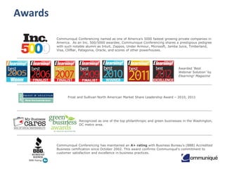 21© Communique Conferencing, Inc. | www.CommuniqueConferencing.com | 866-332-2255
Awards
Awarded ‘Best
Webinar Solution’ by
Elearning! Magazine
Frost and Sullivan North American Market Share Leadership Award – 2010, 2011 , 2014
Communiqué Conferencing has maintained an A+ rating with Business Bureau's (BBB) Accredited
Business certification since October 2002. This award confirms Communiqué's commitment to
customer satisfaction and excellence in business practices.
Communiqué Conferencing named as one of America's 5000 fastest growing private companies in
America. As an Inc. 500/5000 awardee, Communique Conferencing shares a prestigious pedigree
with such notable alumni as Intuit, Zappos, Under Armour, Microsoft, Jamba Juice, Timberland,
Visa, ClifBar, Patagonia, Oracle, and scores of other powerhouses.
Recognized as one of the top philanthropic and green businesses in the Washington,
DC metro area.
 