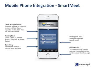 9© Communique Conferencing, Inc. | www.CommuniqueConferencing.com | 866-332-2255
Mobile Phone Integration - SmartMeet
 