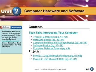 Unit                          Computer Hardware and Software



                                Contents
Starting with You Why is it
important to organize files     Tech Talk: Introducing Your Computer
on your computer? To find
out, go to the Online               Types of Computers (pg. 41–42)
Learning Center at               
concepts.glencoe.com.
                                     Hardware Basics (pg. 43–44)
Choose Before You Read              Computer Memory and Storage Basics (pg. 45–46)
Quizzes and take the Unit        
2 Pre-Quiz.
                                     Software Basics (pg. 47–48)
                                    Computer Network Basics (pg. 49)
                                Projects
                                  Project 1: Use Microsoft Windows (pg. 51–68)
                                  Project 2: Use Microsoft Help (pg. 69–81)



                                      Copyright © The McGraw-Hill Companies, Inc. All rights reserved.
                                                         Technology in Your Life                         Unit
 
