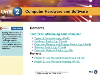 Technology in Your Life
Unit
Computer Hardware and SoftwareUnit
Tech Talk: Introducing Your Computer
 Types of Computers (pg. 41–42)
 Hardware Basics (pg. 43–44)
 Computer Memory and Storage Basics (pg. 45–46)
 Software Basics (pg. 47–48)
 Computer Network Basics (pg. 49)
Projects
 Project 1: Use Microsoft Windows (pg. 51–68)
 Project 2: Use Microsoft Help (pg. 69–81)
Contents
Starting with You Why is it
important to organize files
on your computer? To find
out, go to the Online
Learning Center at
concepts.glencoe.com.
Choose Before You Read
Quizzes and take the Unit
2 Pre-Quiz.
Copyright © The McGraw-Hill Companies, Inc. All rights reserved.
 