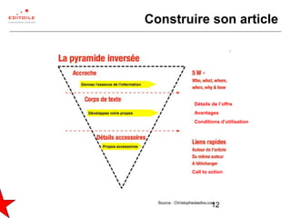 12
Construire son article
Source : Christophedasilva.com
Call to action
Détails de l’offre
Avantages
Conditions d’utilisation
 
